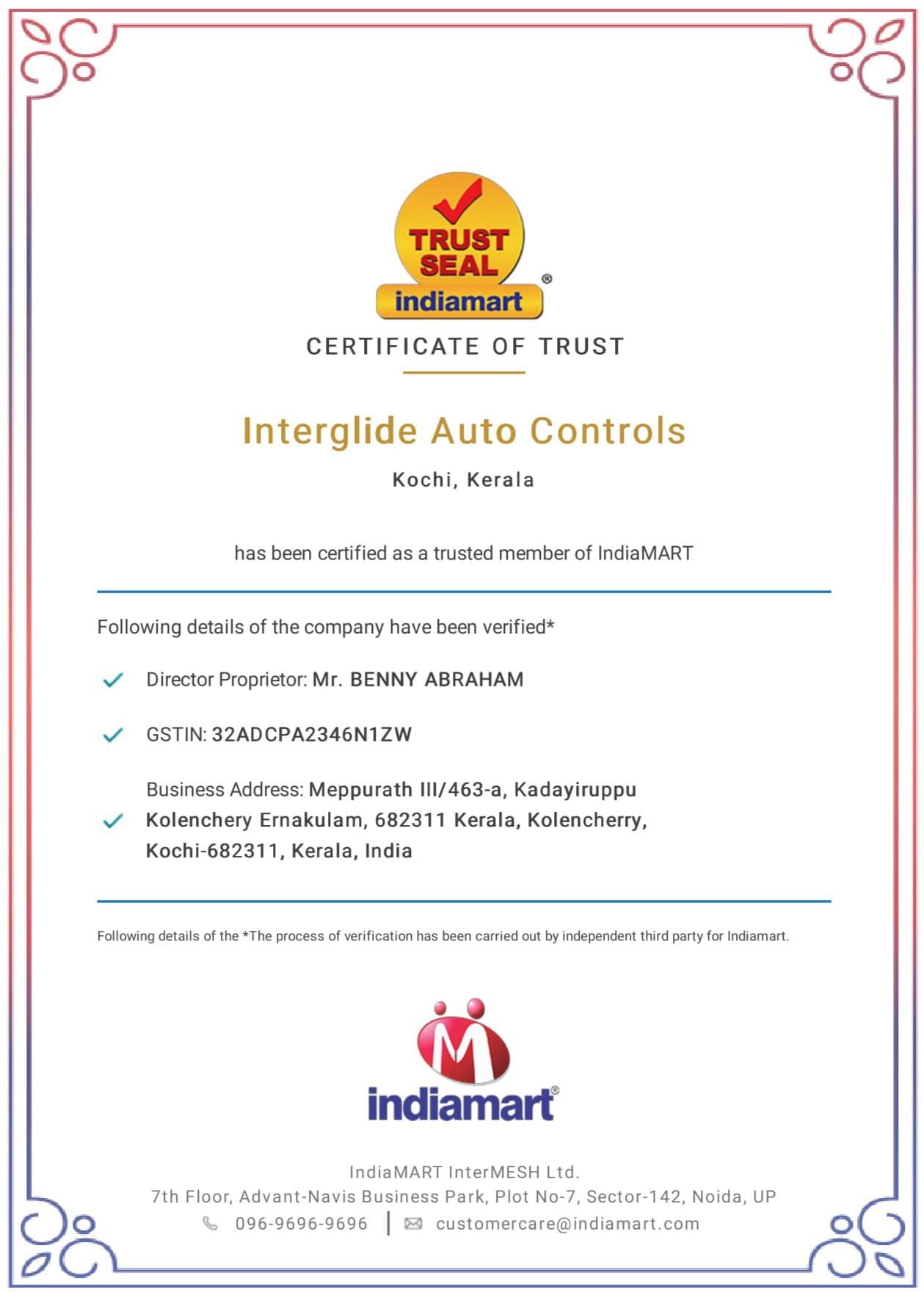 Indiamart Trust Seal certificate