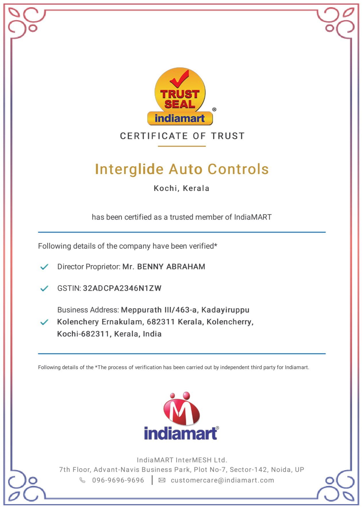 Indiamart Trust Seal certificate